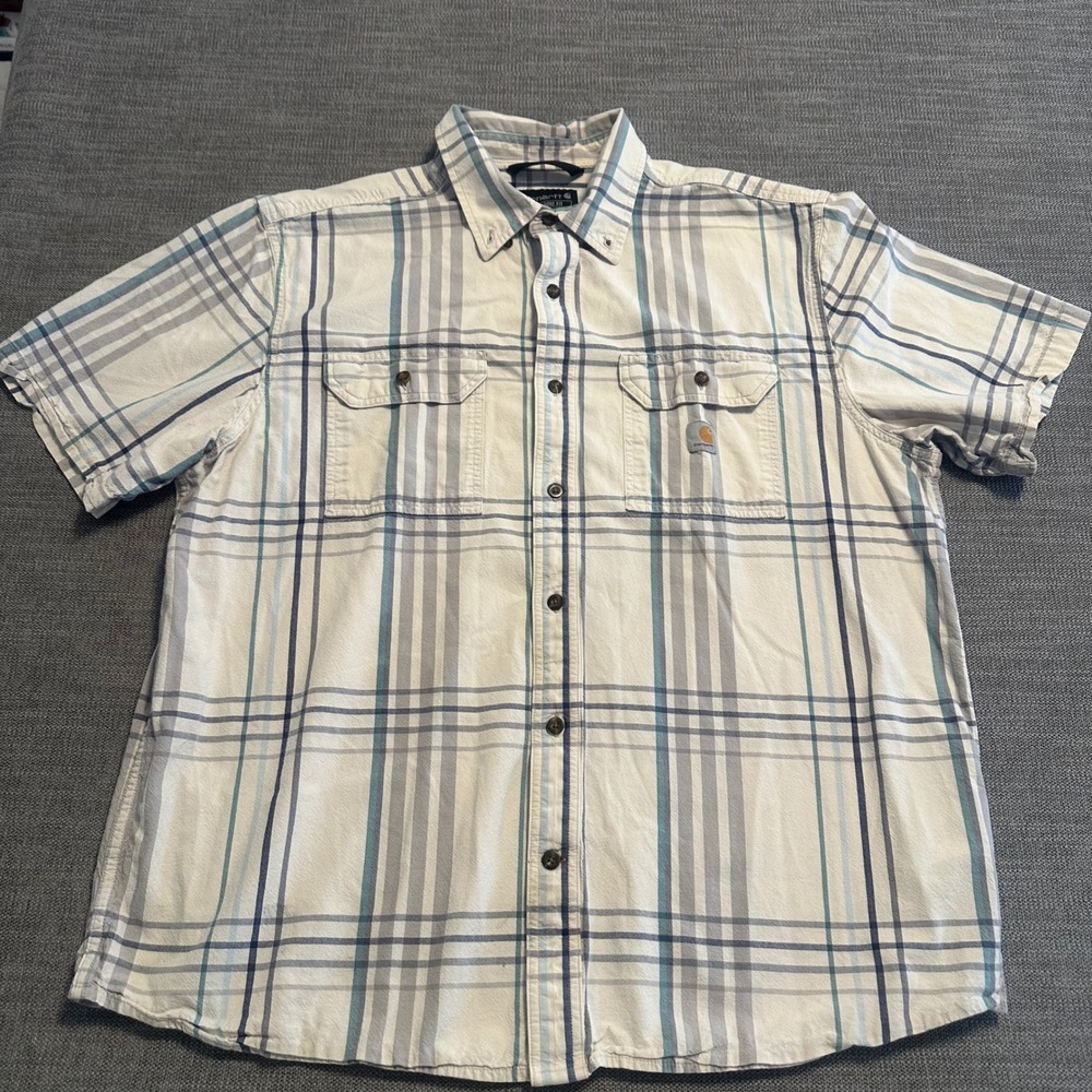 Carhartt Button Down Shirt Mens XL White Blue Plaid Loose Fit Cotton